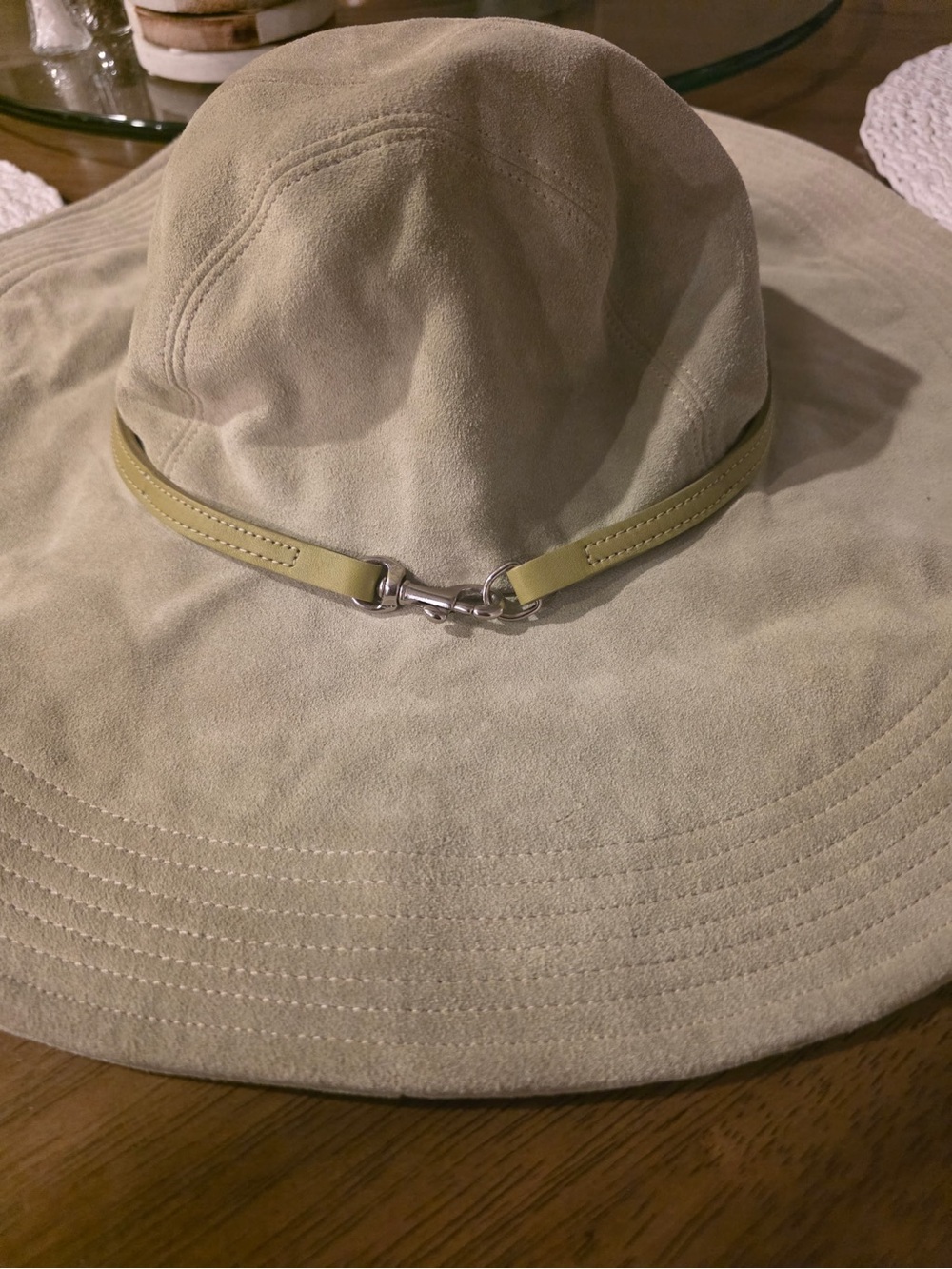 Coach Beige Suede Wide Brim Hat with Leather Trim